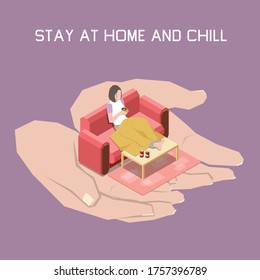 Stay at home and chill concept with indoor lifestyle symbols isometric  vector illustration