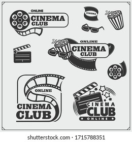 Stay home. Cinema club online. Icons, labels, design elements. Coronavirus concept. 