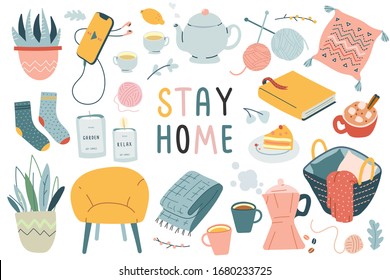 Stay home collection, indoors activities, concept of comfort and coziness, set of isolated vector illustrations, scandinavian hygge style, isolation period at home