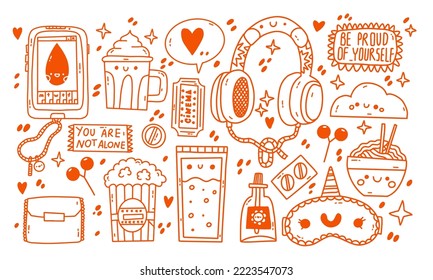 Stay home collection, indoors activities, concept of comfort and coziness, set of isolated vector illustrations, scandinavian hygge style, isolation period at home. Menstruation help kit wit quotes