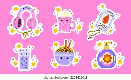 Stay home collection, indoors activities, concept of comfort and coziness, set of isolated vector illustrations, scandinavian hygge style, isolation period at home. Stickers and patches