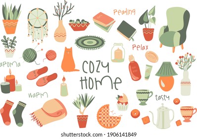 Stay home collection: set of vector elements in scandinavian hygge simple style. Cozy home, indoors activities, concept of comfort. Cute doodle collection with interior elements. Vector illustration