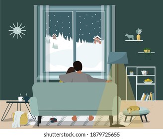 Stay at home, home comfort, family, love. Husband and wife sit on the sofa with their backs to each other and look out the window, night, winter landscape.    Flat vector illustration.