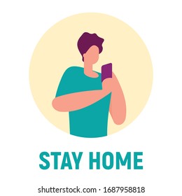 Stay home and communicate with family, use social network, read text, make photo. Vector concept with man on quarantine and self isolation
