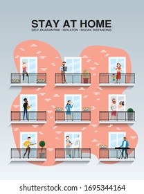 Stay home concept. Apartment facade with balcony . People look out of apartment. Greeting, smiling and communication of neighbors. Self isolation, quarantine due to coronavirus. Vector illustration,