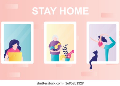 Stay home concept background. Part of building with windows. Various people in their apartments. Self-isolation or quarantine. People doing different things at home. Trendy vector illustration