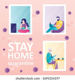 Stay home concept background. Part of building with windows. Various people in their apartments. Self-isolation or quarantine. Coronavirus outdoors. Pandemic Covid-19. Trendy vector illustration