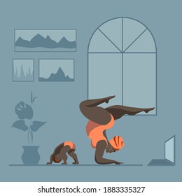 Stay home concept. A black woman practices yoga at home online with her son on self-isolation. Body positive. A useful hobby on quarantine. Vector illustration.