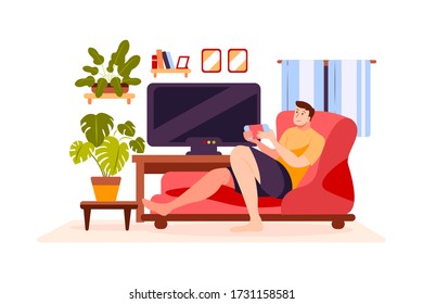 Stay at home concept. The boy is playing video game