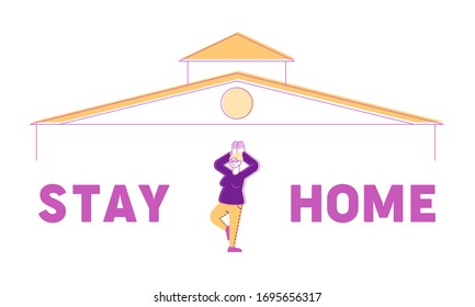 Stay Home Concept. Calm Senior Female Character Doing Yoga Exercises at Quarantine Self Isolation. Coronavirus Precaution, Contagious Prevention, Hobby Poster Banner Flyer. Linear Vector Illustration