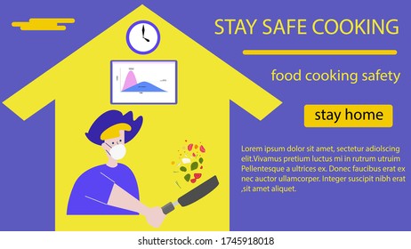 Stay home concept.Man cooking food at his home in quarantine.Flatten the curve an outbreak of the COVID-19 Virus.Social distance concept.