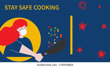 Stay home concept.Man cooking food at his home in quarantine.Flatten the curve an outbreak of the COVID-19 Virus.Social distance concept.