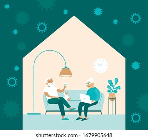 STAY HOME concept. Coronavirus covid-19 self quarantine. Elderly senior couple inside their house. Old Man drinking wine and old lady browsing internet on laptop. Flat cartoon vector illustration