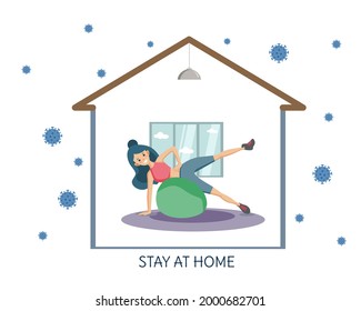 Stay home concept. Coronavirus concept. Home fitness. Girl go in for sports. Vector illustration.