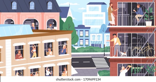 Stay at home concept. Coronavirus isolation period. People work, relax, doing sports at home. Neighbors in windows, on balconies. Quarantine during pandemic. Vector illustration in flat cartoon style