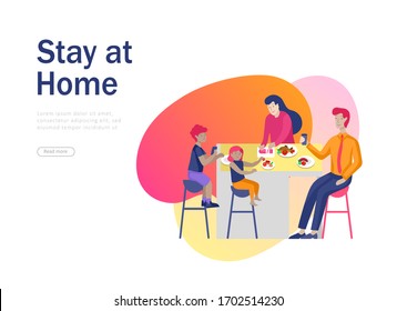 Stay at home concept of coronavirus prevention, awareness social media campaign. People and family on quarantine staying together at home, cook and eat food. 2019-nCoV. Banner, landing page