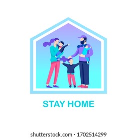 Stay at home concept of coronavirus prevention, awareness social media campaign. People and family on quarantine staying together at home. Protection and revention of 2019-nCoV