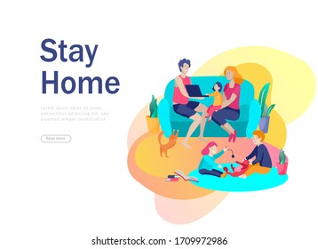 Stay at home concept of coronavirus prevention, awareness social media campaign. People and family on quarantine staying together at home. Protection and revention of 2019-nCoV. Banner, landing page