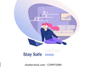 Stay at home concept of coronavirus prevention, awareness social media campaign. People and family on quarantine staying together at home. Protection and revention of 2019-nCoV. Banner, landing page