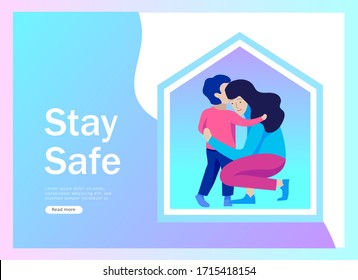 Stay at home concept of coronavirus prevention, awareness social media campaign. Mother and child on quarantine staying together at home. Protection and revention of 2019-nCoV. Banner, landing page