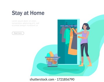 Stay at home concept of coronavirus prevention, awareness social media campaign. People and family on quarantine staying together at home and organize wardrobe. Protection and revention of 2019-nCoV