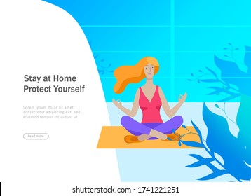 Stay at home concept of coronavirus prevention, awareness social media campaign. People and family on quarantine staying at home and doing yoga. Protection and revention of 2019-nCoV. Banner, landing