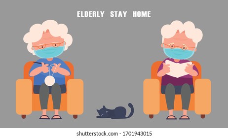 Stay at home concept crisis situation that we’re all experiencing around the world due to the coronavirus outbreak,Elderly couple Rest at home Doing reading activities. Knitting.