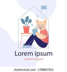 stay at home concept - cute animal character sitting at their home, reading book