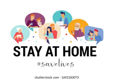 Stay at home, concept design. Different types of people, family, neighbors in their own houses. Self isolation, quarantine during the coronavirus outbreak. Vector flat style illustration stock