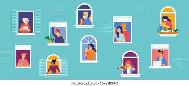 Stay at home, concept design. Different types of people, family, neighbors in their own houses. Self isolation, quarantine during the coronavirus outbreak. Vector flat style illustration stock