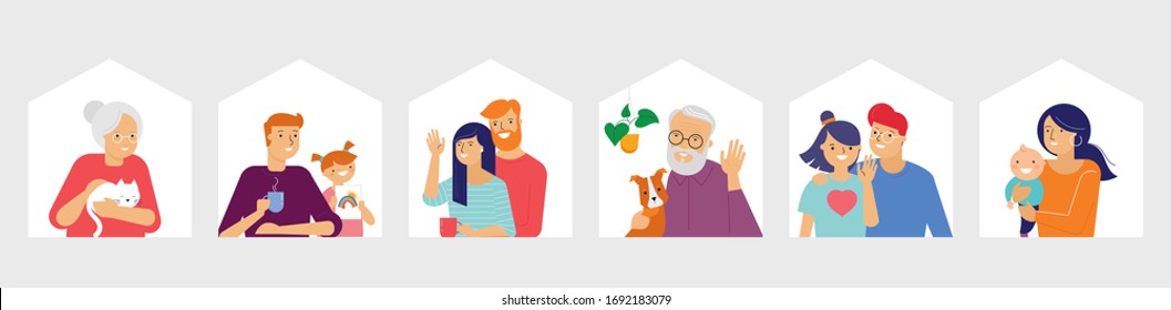 Stay at home, concept design. Different types of people, family, neighbors in their own houses. Self isolation, quarantine during the coronavirus outbreak. Vector flat style illustration stock