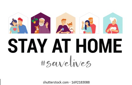 Stay at home, concept design. Different types of people, family, neighbors in their own houses. Self isolation, quarantine during the coronavirus outbreak. Vector flat style illustration stock