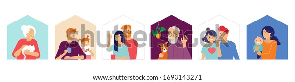 Stay at home, concept design. Different types of\
people, family, neighbors in their own houses. Self isolation,\
quarantine during the coronavirus outbreak. Vector flat style\
illustration stock