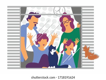Stay at home, concept design. A family stands together at the window of a house. People in quarantine, protection against viruses. Children rejoice at the squirrel outside the window.  Vector 