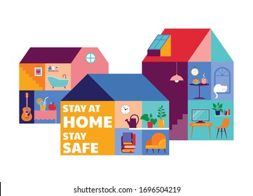 Stay at home, concept design. House facade with different types of people looking out and communicating with their neighbors. Self isolation, quarantine during coronavirus outbreak. Vector flat style