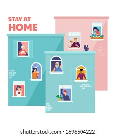 Stay at home, concept design. House facade with different types of people looking out and communicating with their neighbors. Self isolation, quarantine during coronavirus outbreak. Vector flat style