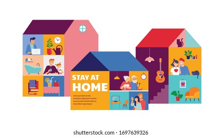 Stay at home, concept design. House facade with different types of people looking out and communicating with their neighbors. Self isolation, quarantine during coronavirus outbreak. Vector flat style