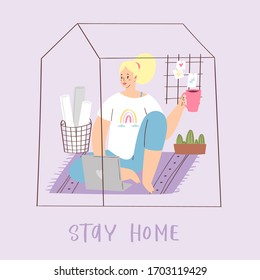 Stay home concept design. Young woman working at home office. Freelance girl with laptop sitting in cozy room. Daily life of freelance worker, online education. Life in quarantine, self-isolation