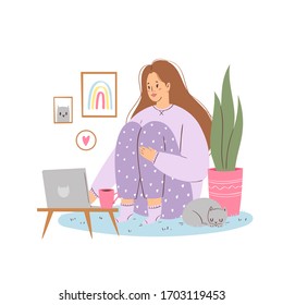 Stay home concept design. Young woman working at home office. Freelance girl with laptop sitting in cozy room. Daily life of freelance worker, online education. Life in quarantine, self-isolation