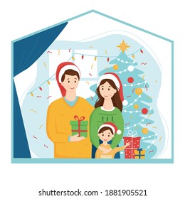 Stay home concept. Family celebrates new year's holidays at home