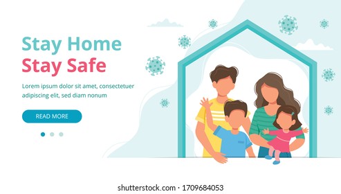 Stay home concept. Family staying at home in quarantine, landing page or banner template. Coronavirus outbreak concept. Vector illustration in flat style