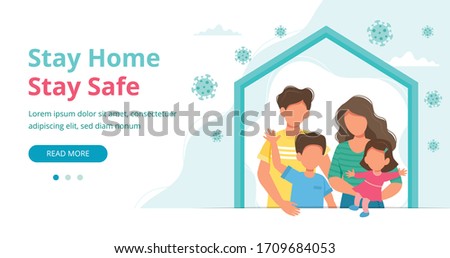Stay home concept. Family staying at home in quarantine, landing page or banner template. Coronavirus outbreak concept. Vector illustration in flat style
