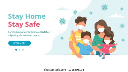 Stay home concept. Family wearing face masks at home in quarantine, landing page or banner template. Coronavirus outbreak concept. Vector illustration in flat style