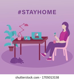 Stay home concept. Female having online call at home. Illustration for freelancing, remote work, business, online learning.  Vector illustration 