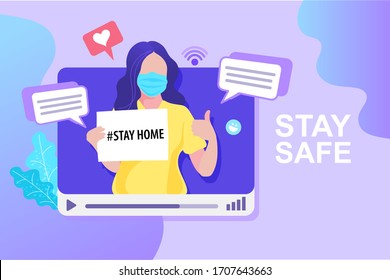 Stay at home concept flat style vector illustration. Woman making video blogging with mask.