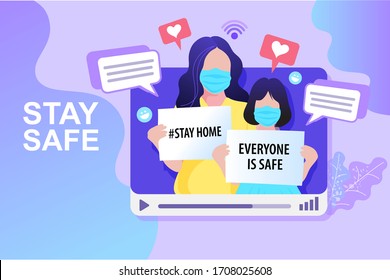 Stay at home concept flat style vector illustration. Woman and girl making video blogging with mask.