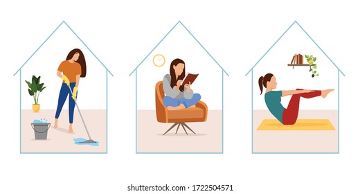 Stay home concept. Girl  cleaning home, reading book, doing yoga.
Set of vector illustrations, flat style