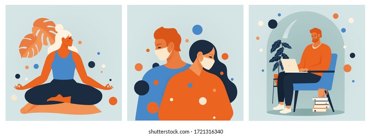 Stay home concept.  Girl doing meditation, mansiting in a chair working online  at home, young couple. Self isolation, quarantine due to coronavirus. Set of illustration of home activitie