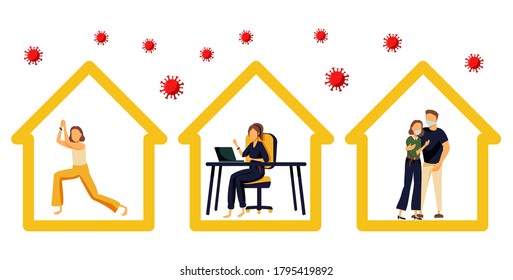 Stay home concept. Girl doing meditation, mansiting in a chair working online at home, young couple. Self isolation, quarantine due to coronavirus. Set of illustration of home activitie