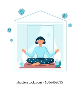 Stay home concept. Girl in meditation yoga in pose Lotus at home isolated on white background. Quarantine isolation during a coronavirus pandemic. Vector flat illustration. design for banner, flyer